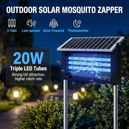 Solar Bug Zapper Outdoor, Solar Powered Bug Zapper with 20W Adjustable Solar Panel, 3×365nm UV Tubes, 4500V Electric Insect Trap,10000mAh Rechargeable, IPX5 Waterproof for Patio Garden Camping Farm - size: 20w with 3 UV lights