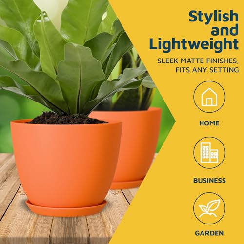 Yellow Plant Pots with Drainage Holes & Saucers 15 Pack, Indoor & Outdoor Stackable Space-Saving Planters for Houseplants & Flowers, (7", 6.7", 6", 5.3", and 4.8" Inches), Durable & Weatherproof