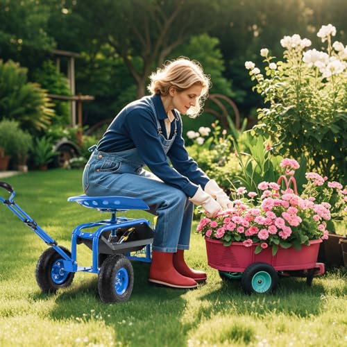 Garden Seat with Wheels, Rolling Stool with Extendable Handle, Storage Basket & Tool Tray, Garden Scooter with 360 Degree Swivel Seat for Outdoor & Yard (Blue) - color: Blue
