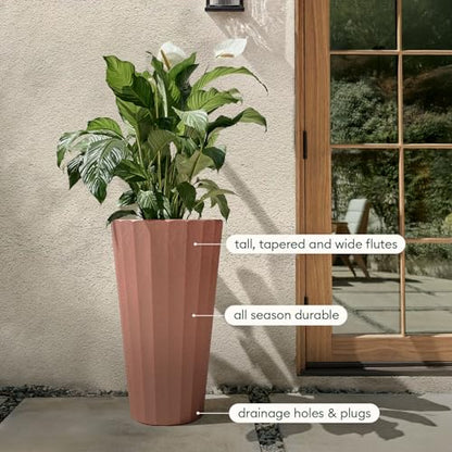 Veradek Column Series Tall Planter - Tapered Outdoor Planter with Shelf - color: Terracotta, style: Wide Groove