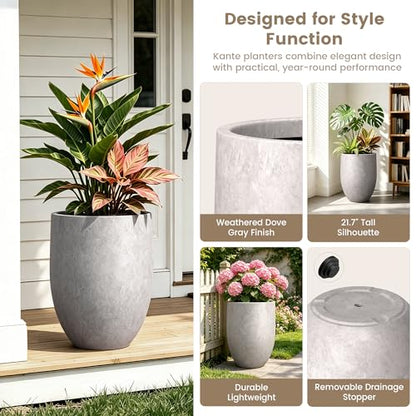 Kante Large Round Bullet CON Gray Concrete Planter 21.7" Tall, Outdoor - color: Light Gray