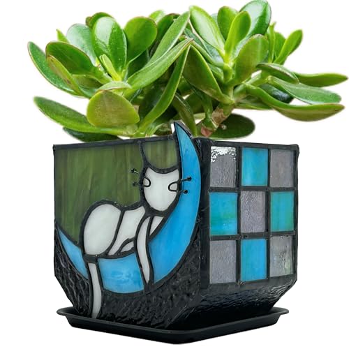 Tiffany Stained Glass Funny Moon Sleeping Cat Planter,Flower Pots for Indoor Plants,Plant Pot with Drainage,Cute Grey Cat Plant Pots,Gifts for Plant Lovers,4.6x3x5.15 in - color: Grey-blue