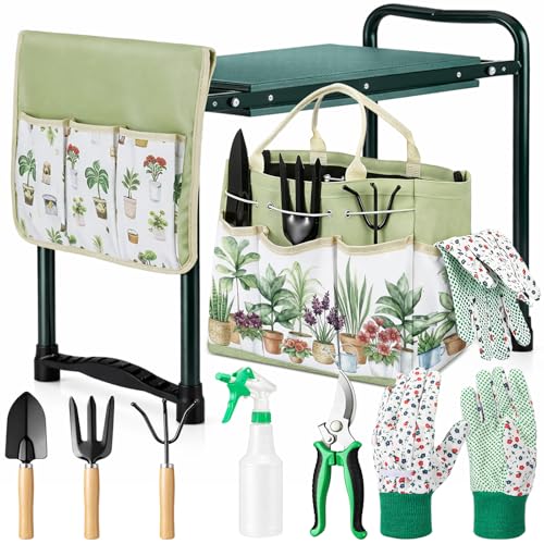 Sintuff 9 Pcs Garden Kneeler and Seat with Gardening Tools and Pouch Heavy Duty Gardening Stools for Seniors Foldable Garden Stool Gifts for Women Mom Employees Yard Outdoor Work Gift