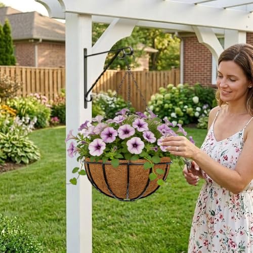 14 Inch Metal Hanging Basket with Coco Coir Liner for Flowers Planting - size: Twisted Bar 14" & 2 Pcs
