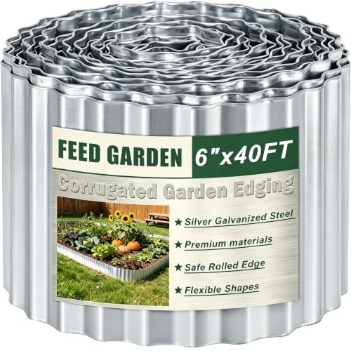 FEED GARDEN Corrugated Metal Garden Edging 6 Inch x 40 FT, Heavy Duty Galvanized Steel Landscape Border with Safe Rolled Edge, Flexible Lawn Edging for Flower Beds, Yard & Walkways