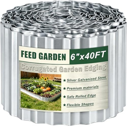FEED GARDEN Corrugated Metal Garden Edging 6 Inch x 40 FT, Heavy Duty Galvanized Steel Landscape Border with Safe Rolled Edge, Flexible Lawn Edging for Flower Beds, Yard & Walkways