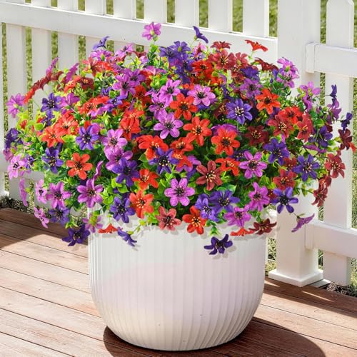 Artificial Flowers for Outdoors Spring Summer Decoration, 12 Bundles Fake Plants UV Resistant Realistic Faux Flower Silk Daisy with Eucalyptus Stem for Patio Planter Porch Yard Window Box Balcony - color: Purple Red Brown, size: 12 PCS