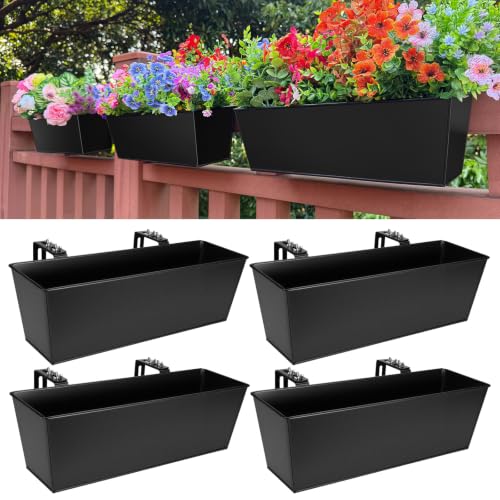 Metal Railing Planter, 16 Inch Rectangular Window Box with Adjustable Brackets, Drainage Holes, for Balcony Deck, 4 Pack (Black, Rectangular) - color: Black