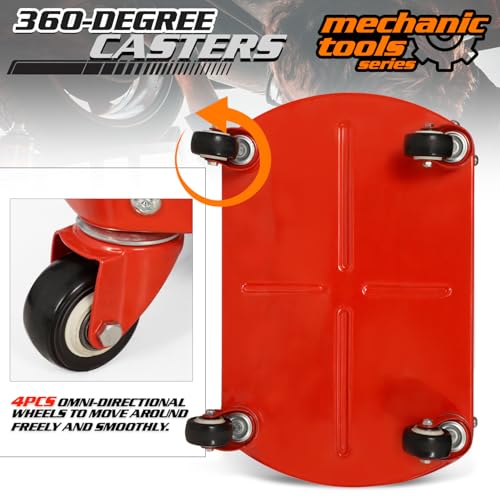 M-AUTO Heavy Duty Garage Rolling Work Seat 300LBS Capacity Mechanics Stool with Wheels, Equipment Tray and Tool Rack, Rectangle Mechanic Roll Chair, Red, (M-AUTO A03-RS-004-RD) - color: Red