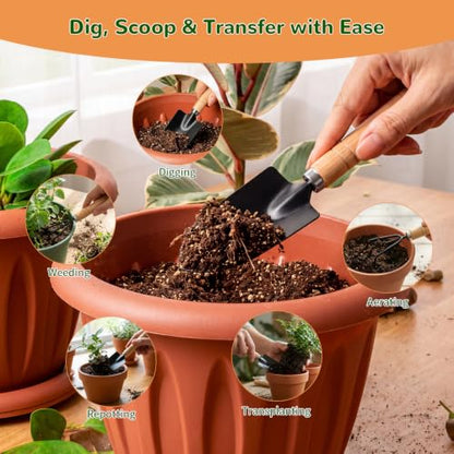 3 Pcs Mini Garden Tool Set with Small Trowel, Mini Shovel & Hand Rake - color: natural wood-3pcs