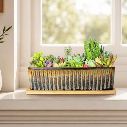 Succulent Pots, 12'' Long Rectangle Planters with Tray, Windowsill Planter - color: Flow Glaze