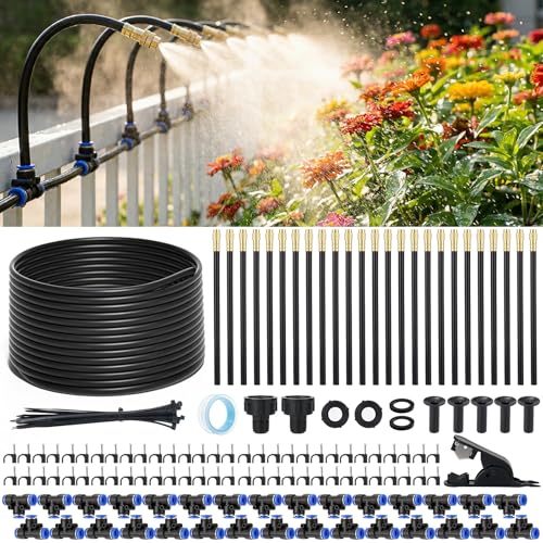 GOTGELIF 100FT Drip Irrigation Kit, with 25Pcs 360° Adjustable Nozzles, 5/16" Tubing, 30 T-connectors, Water-Saving System, Garden Watering Sprinkler for Greenhouse, Vegetable,Potted Plants, Lawn - size: 100FT+25 Nozzles