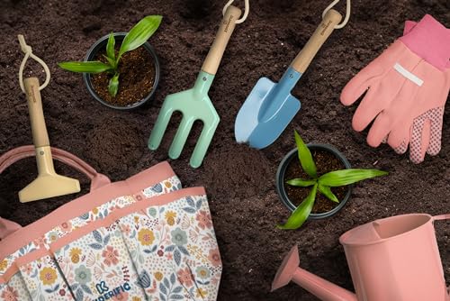 Gardening Set, Tool Kit, for Kids, STEM, Includes Tote Bag, Spade, Watering Can, Rake, Fork, Trowel and Gloves (Petal) - color: Petal