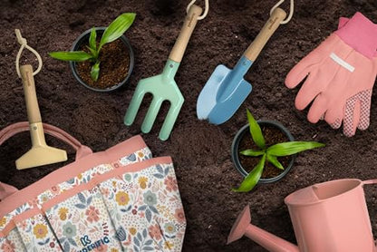 Gardening Set, Tool Kit, for Kids, STEM, Includes Tote Bag, Spade, Watering Can, Rake, Fork, Trowel and Gloves (Petal) - color: Petal