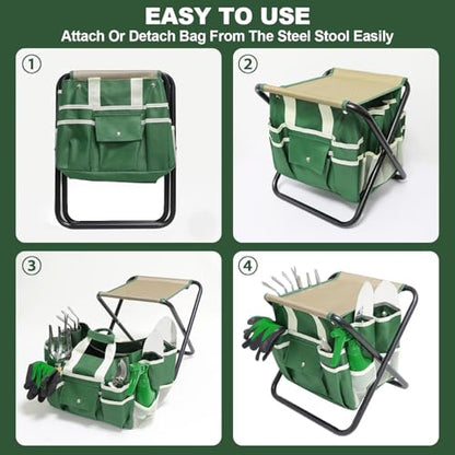 10 Piece Green Gardening Tool Set– Stainless Steel Tools with Wooden Handles, Folding Stool & Canvas Tote, Durable Garden Kit for Every Gardener