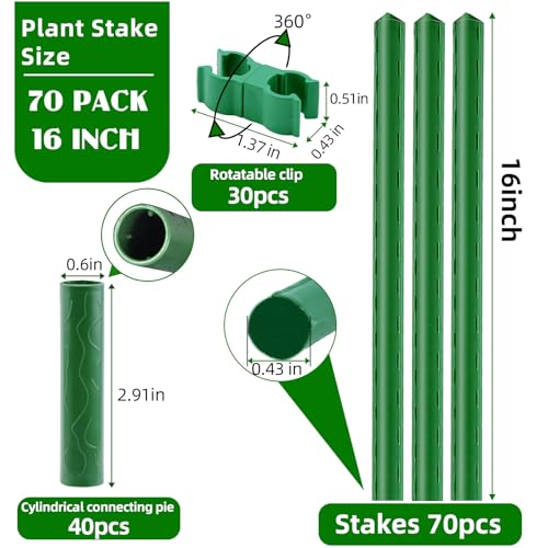Fabulas Garden Stakes 16 Inch 70 Pack, Diy 4ft 5ft 6ft 7ft 8ft Tomato Stakes Plastic Coated Metal Plant Sticks Stakes Supports with 40 Connectors 30 Rotatable Clips for Indoor Outdoor Plants Vegetable - size: 16inch-70pcs