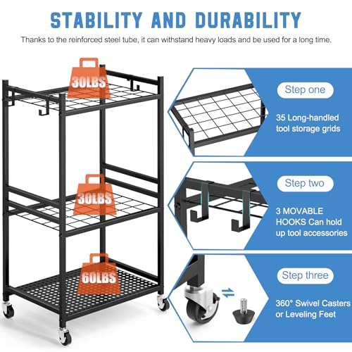 DAOUTIME Garden Organizer With Wheels, Yard Tower Rack for Garage Storage, Up to 35 Long-Handled Tools, Sturdy Metal Steel Holder With 3 Hooks, Outdoor, Black - size: 3 Tier