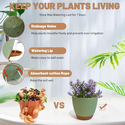 LIFFY Plant Pots, 8,7.5,7,6.5,6,5.5,5 Inch Plastic Self Watering Planters with Drainage Holes & Saucers, 7-Pack Green Nursery Planting Pot with Deep Reservoir for Indoor Outdoor Plants