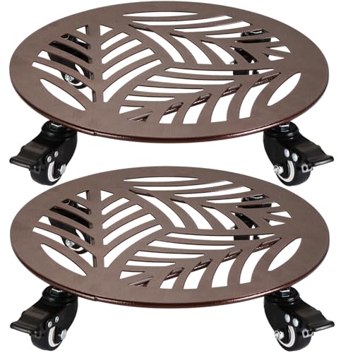 2-Pack Extra-large Metal Plant Caddy with Wheels 16 Inches Heavy-duty Rolling Plant Stands with Casters Wheeled Flower Pot Mover Rollers Rust-proof Iron Planter Dolly Coasters for Indoor Outdoor Use - color: Textured Brown, size: 16"/ 2 packs