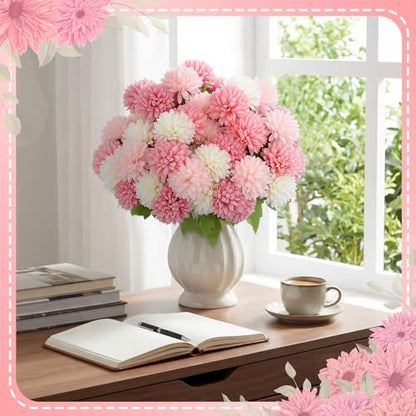 XunYee 12 Pcs Pink Artificial Flowers for Outdoor Silk Chrysanthemums - color: Pink