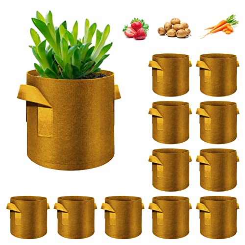 12-Pack 5 Gallon Plant Grow Bags, Thickened Nonwoven Fabric Pots with Handles, Vegetable Planter Bags Containers, Cloth Planters for Garden Vegetable/Flower/Plant/Fruits Outdoor (Brown) - color: Brown, size: 5 Gallon