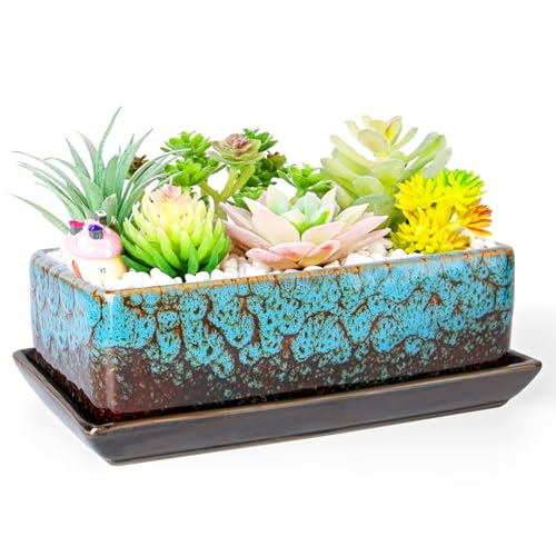 Succulent Pots - Long Rectangle Succulent Planters with Drainage Tray - color: Blue