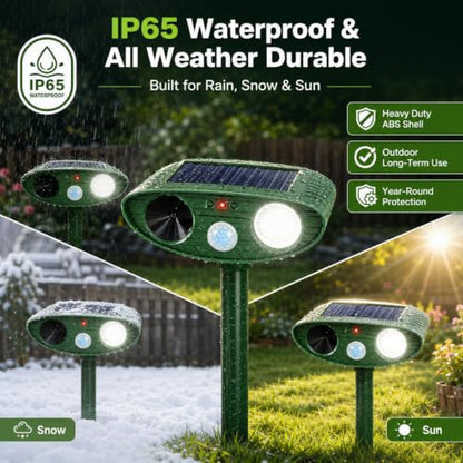 2 Pack Upgraded Sonic Deer Repellent Devices,Solar Ultrasonic Animal Repeller Outdoor for Racoons,Squirrels,Cats,Rabbits &Foxes,Waterproof Flashing Light Motion Sensor Animal Deterrent for Garden Yard