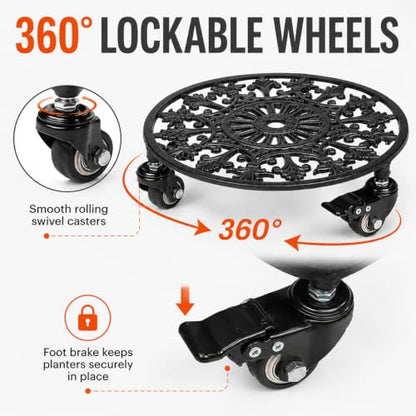 2 Pack 11" Plant Caddy with Wheels, Heavy Duty Metal, Black - color: Round Metal Black, size: 11 INCH 2PCS