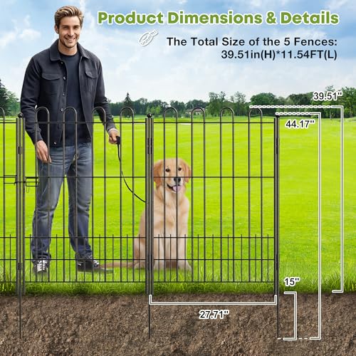 DurayLoly 5 Panels Garden Fence with Gate, 39.5" H Tall Animal Barrier - size: 5 Panels 39.51in (H) X 11.54ft (L)-With Gate