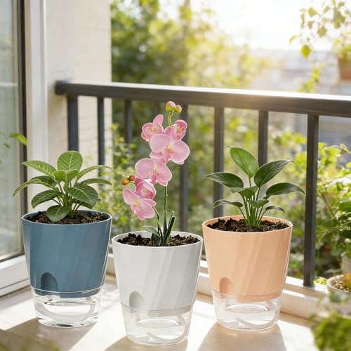 Self Watering Plant Pots 6 Inch, Indoor Planters with Wick Rope & Reservoir - color: White, Pink, Blue, size: 6 Inch Set of 3