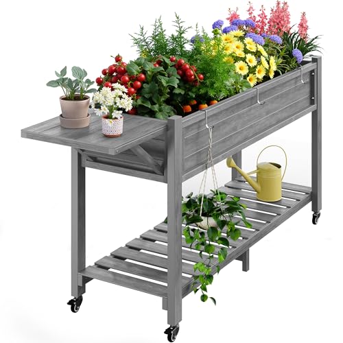 YEFU Raised Garden Bed with Legs, HIPS, Waterproof, 57x18x30in, Grey - color: Gray, size: All-in-One Rolling Planter(1PC)