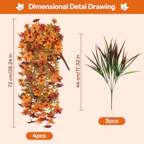 7PCS Artificial Fall Hanging Flowers for Outdoor, Six-Petaled Faux Mums - color: Orange Red