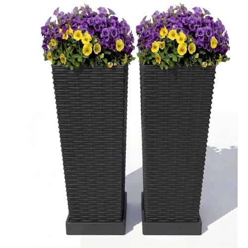 24 Inch Tall Outdoor Planters with Rattan Texture - Set of 2, Large Flower Pots for Patio, Garden, Indoor & Outdoor Use, with Removable Inner Pot & Drainage Holes - color: Black, size: 24inch with Tray