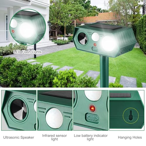 2025 Solar Animal Repellent,Upgraded Ultrasonic Cat Repellent Outdoor,Waterproof Deer Deterrent for Bird Dog Skunk,Squirrels Deterrent with Motion Detection Flash Lights for House B (2 Pack)