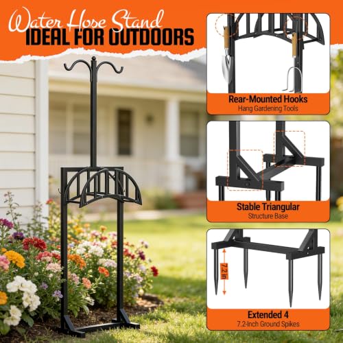 Garden Hose Holder, Water Hose Stand for Outside with 4 Stake and 2 Shepherds Hooks, Freestanding Hose Storage Holds 150Ft, Heavy-Duty Metal Hose Hanger Rack for Yard, Lawn, Farm