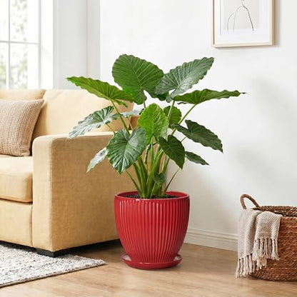 10 Inch Plant Pot, Ceramic Planters with Saucer, Red - color: Red, size: 10 Inch
