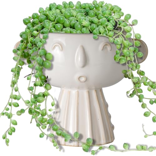 Face Planter Pot 7 Inch - Cute Ceramic Flower Head Planter for Indoor Outdoor Succulent Pot with Drainage Hole Flower Pot Present for Mother Christmas White - color: White-girl