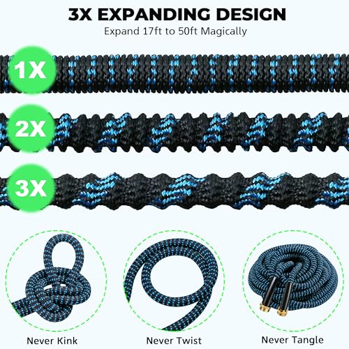 Expandable Garden Hose 50 ft with 10 Function Spray Nozzle, Flexible, Kink Free, Leak-Proof, Ultra Lightweight Retractable Stretch Water Hose 50ft for Yard, Lawn, Car Wash and Outdoor (Black & Blue)