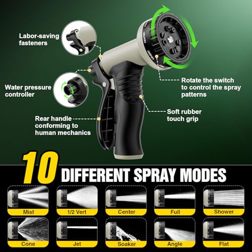 Garden Hose 50 ft Non-Expandable, Flexible Water Hose, Lightweight Hose with 10-Function Nozzle for Yard, Portable, Leak Proof, All-Weather Water Pipe for Outdoor, Car Wash, RV, Lawn - size: 50FT
