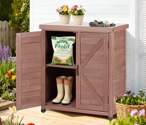 Outdoor Potting Bench with Storage Cabinet and Metal Top, Wood Workstation for Outdoor Patio, Garden (Coffee Brown, 31x17x36‘’) - color: Coffee Brown, size: 31x17x36"