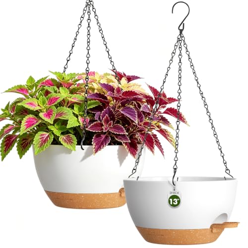 13 Inch Large Self Watering Hanging Planters 2 Pack with Saucers - color: White Brown, size: 13 Inch 2 Pack