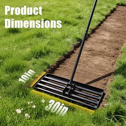 Lawn Leveling Rake, 30" x 10" Stainless Steel Head, Ergonomic Bent Handle, Level Soil & Sand, 6ft Long Handle for Yard, Garden, Sports Field - size: 30"x10"