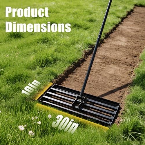 Lawn Leveling Rake, 30" x 10" Stainless Steel Head, Ergonomic Bent Handle, Level Soil & Sand, 6ft Long Handle for Yard, Garden, Sports Field - size: 30"x10"