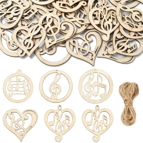 Ipotkitt 50pcs Music Note Wood Hanging Tags 6 Styles Unfinished Wooden Cutouts with Jute Rope for Gift Tags Wedding Party Decor DIY Crafts - color: Music Note Wood Tags_50pcs