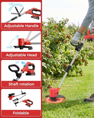 21V 2 in 1 Cordless String Trimmer and Edger, 12" Auto-Feed Electric Weed Wacker, Lightweight Weed Eater with 2 X 4Ah Batteries, Grass Cutter Lawn Tool with 2 Line Spools for Garden Yard