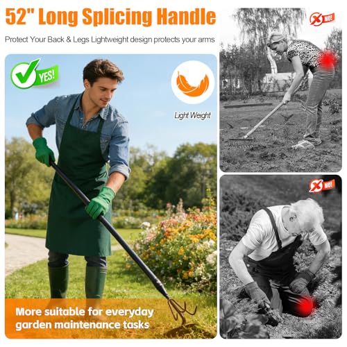 65 Inch 2-in-1 Hoe and Cultivator Garden Tool, Heavy Duty Garden Hoe with 3-Tine Tiller Rake for Weeding and Soil Loosening, Long Handle Stand Up Weed Removal Tool for Planting, Digging & Gardening