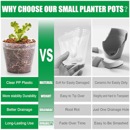 BTPLASTIK 200 Pack 2.5 Inch Clear Nursery Pots with Drainage Hole, Transparent Seed Starter Pots, Sturdy Plastic Plant Pot for Planting Seedlings Vegetables Herbs, Gardening Gifts - size: 2.5 Inch-200P