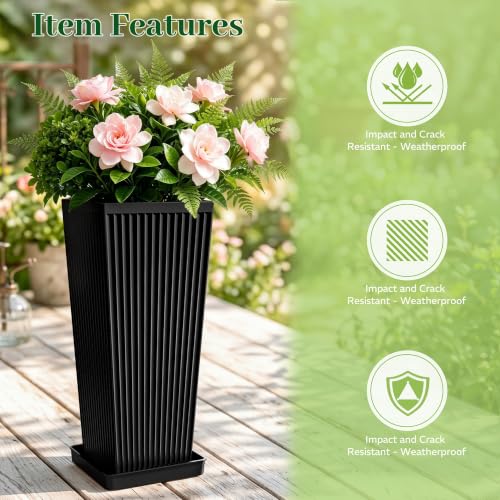 24" Tall Black Planters for Outdoor Plants with Tray Set of 2 Resin - color: Black-smooth