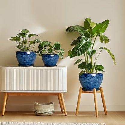10 Inch Plant Pot, Ceramic Planter with Drainage and Saucer, Blue - color: Blue, size: 10 Inch