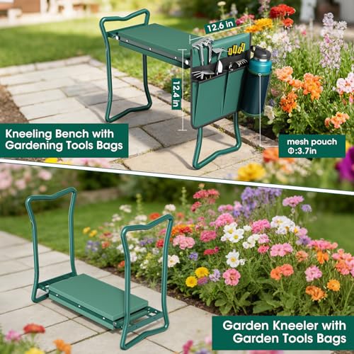 2-in-1 Garden Kneeler with Umbrella, Garden Kneeling Bench & Green Umbrella, Portable Garden Stool Loads Capacity 330lb and Garden Tools Bag with bottle holder, Gardening Gifts for Women,Men,Seniors - color: Green